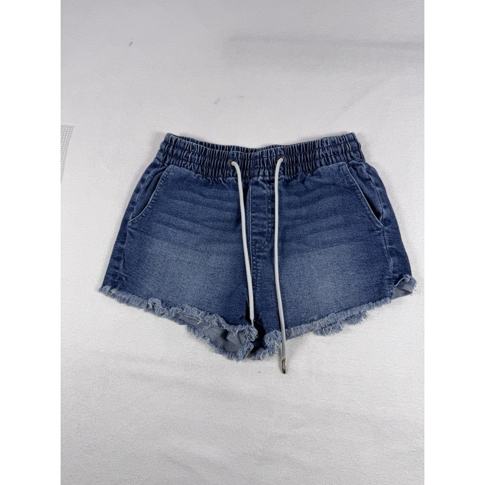 Kendall + Kylie Women Blue Jogger Denim Shorts Small Raw Hem Drawstring Stretch